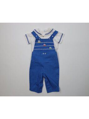 Vtg 70s 80s Baby Boys 6-9 Months 2 Piece Sailor Sailboat Overalls Shirt Outfit